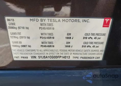 2013 Tesla Model S from USA, damaged, VIN 5YJSA1CG0DFP14013